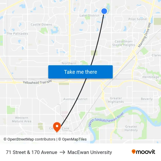71 Street & 170 Avenue to MacEwan University map