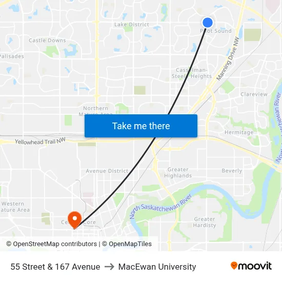 55 Street & 167 Avenue to MacEwan University map