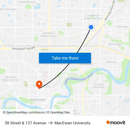 58 Street & 137 Avenue to MacEwan University map