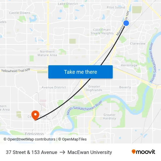 37 Street & 153 Avenue to MacEwan University map