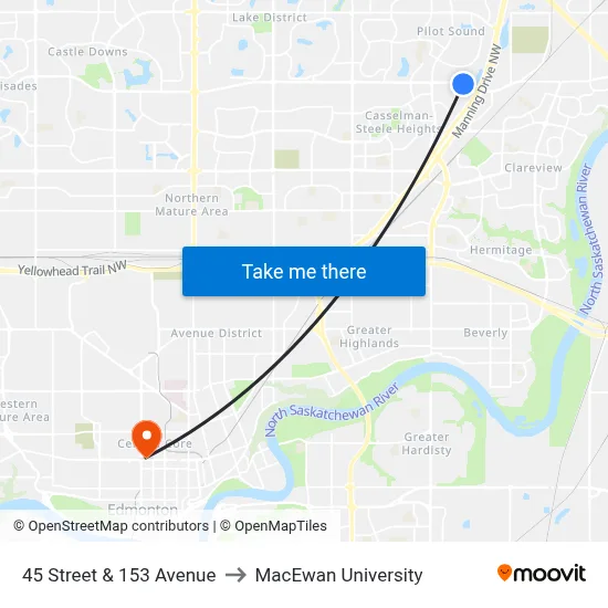 45 Street & 153 Avenue to MacEwan University map