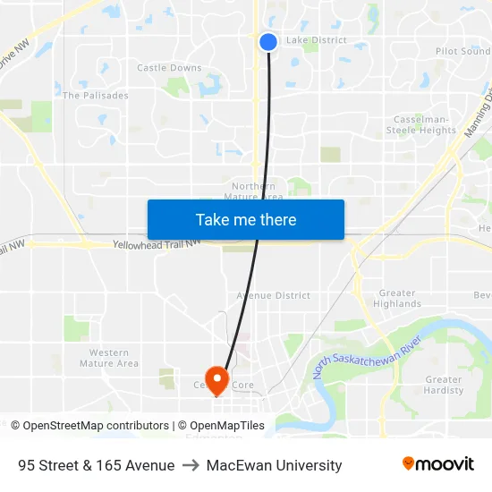 95 Street & 165 Avenue to MacEwan University map