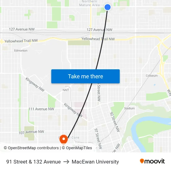91 Street & 132 Avenue to MacEwan University map