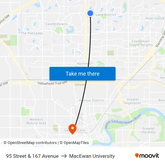 95 Street & 167 Avenue to MacEwan University map
