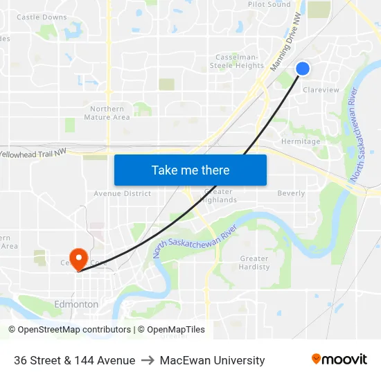36 Street & 144 Avenue to MacEwan University map