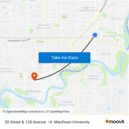 50 Street & 128 Avenue to MacEwan University map