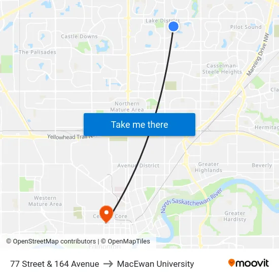 77 Street & 164 Avenue to MacEwan University map