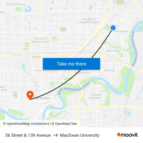 36 Street & 139 Avenue to MacEwan University map