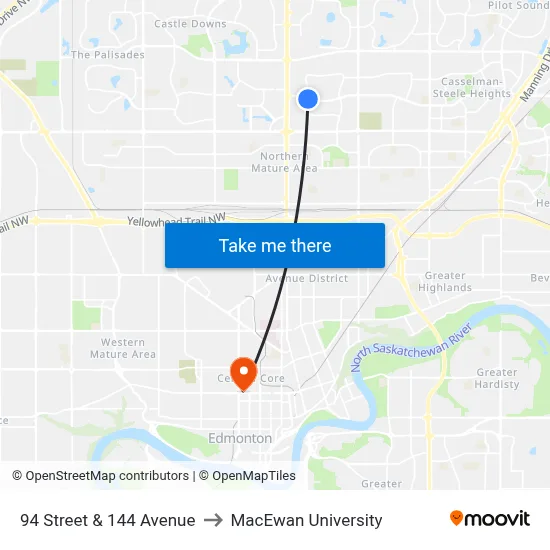 94 Street & 144 Avenue to MacEwan University map