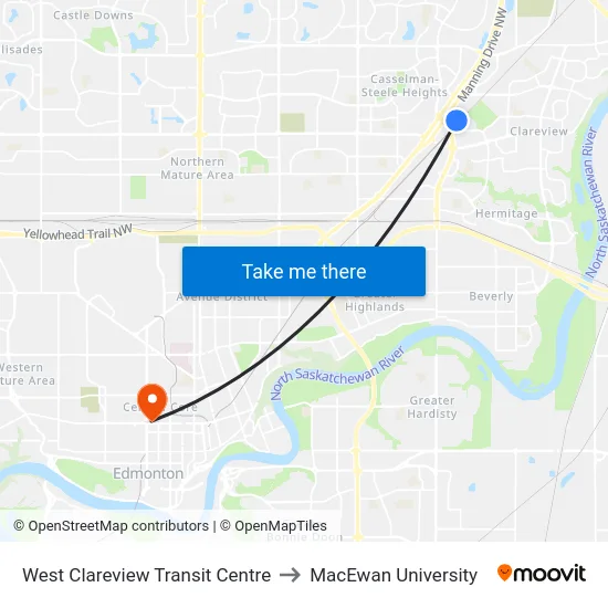 West Clareview Transit Centre to MacEwan University map