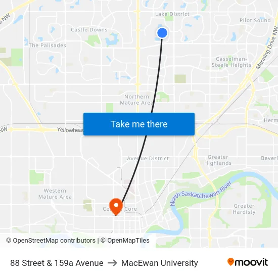 88 Street & 159a Avenue to MacEwan University map