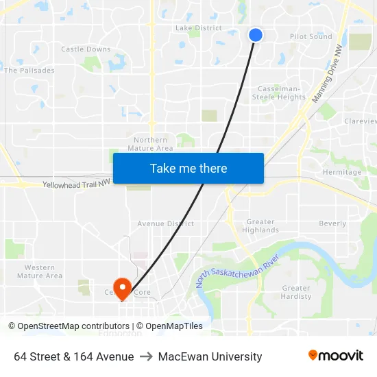 64 Street & 164 Avenue to MacEwan University map