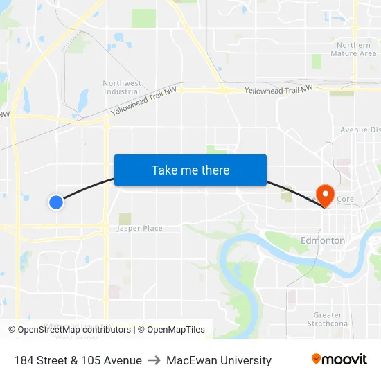 184 Street & 105 Avenue to MacEwan University map
