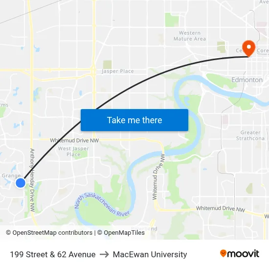 199 Street & 62 Avenue to MacEwan University map