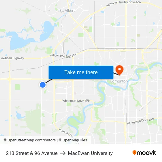 213 Street & 96 Avenue to MacEwan University map