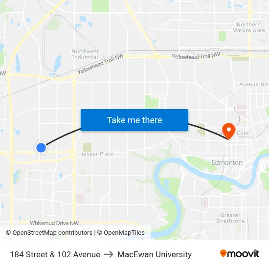 184 Street & 102 Avenue to MacEwan University map