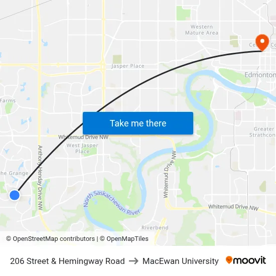 206 Street & Hemingway Road to MacEwan University map