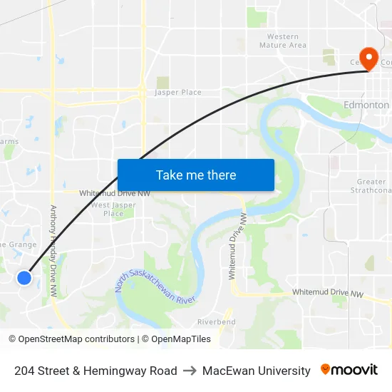 204 Street & Hemingway Road to MacEwan University map