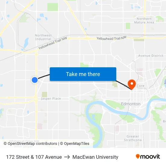 172 Street & 107 Avenue to MacEwan University map