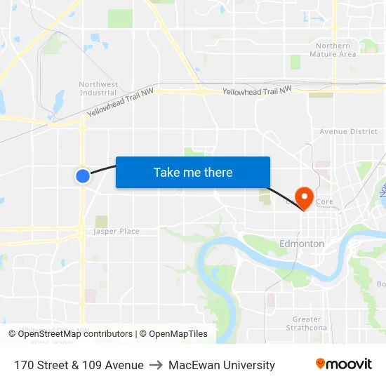 170 Street & 109 Avenue to MacEwan University map