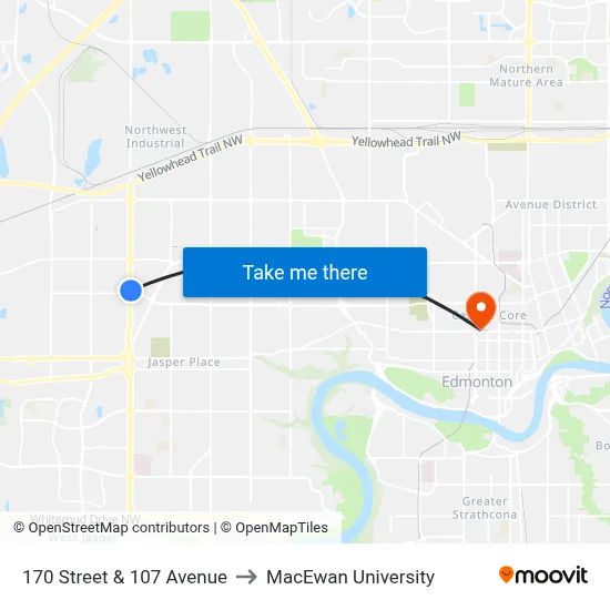 170 Street & 107 Avenue to MacEwan University map