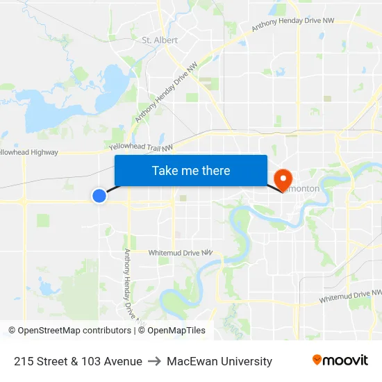 215 Street & 103 Avenue to MacEwan University map