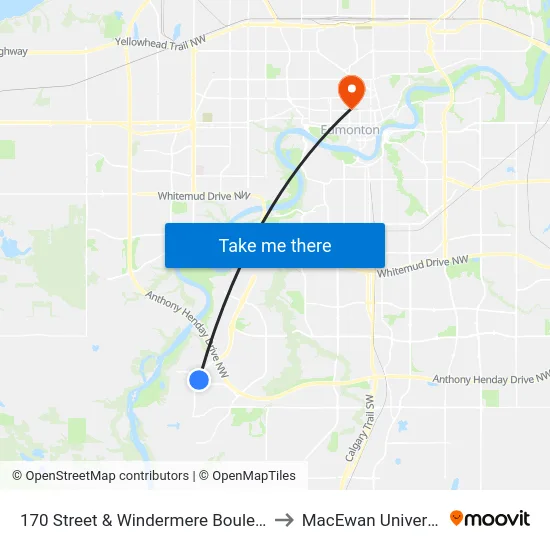 170 Street & Windermere Boulevard to MacEwan University map
