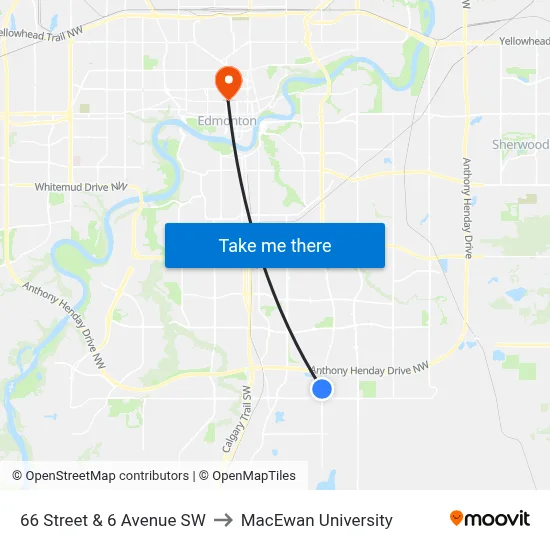 66 Street & 6 Avenue SW to MacEwan University map