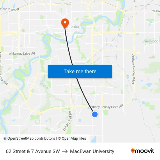62 Street & 7 Avenue SW to MacEwan University map