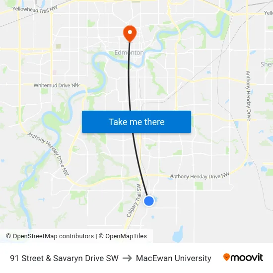 91 Street & Savaryn Drive SW to MacEwan University map