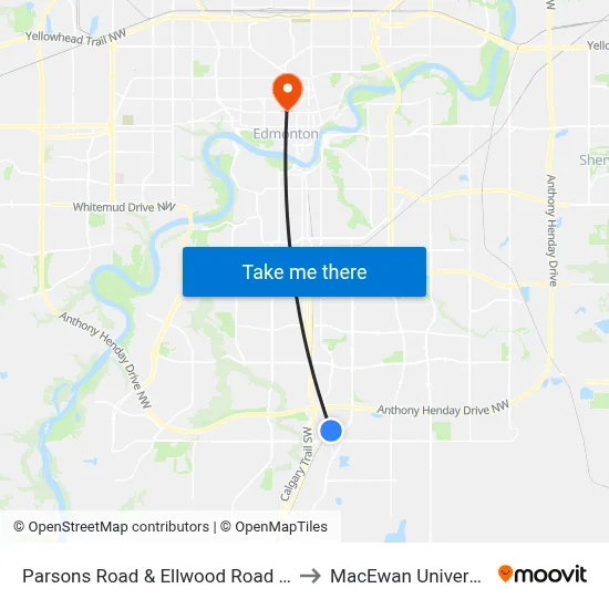 Parsons Road & Ellwood Road SW to MacEwan University map