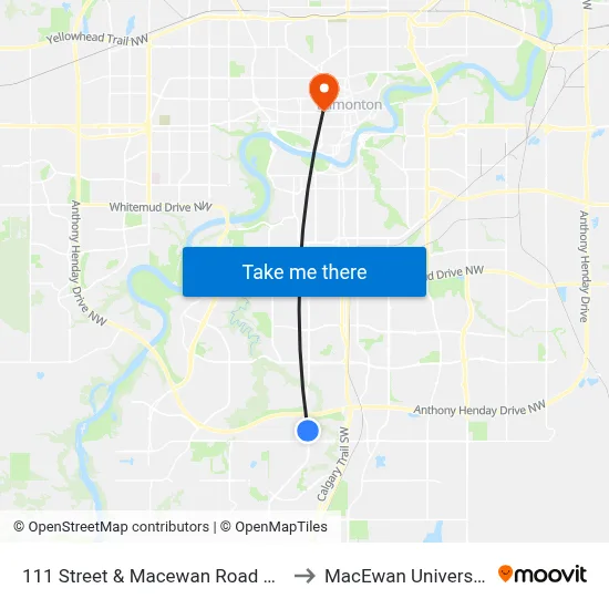 111 Street & Macewan Road SW to MacEwan University map