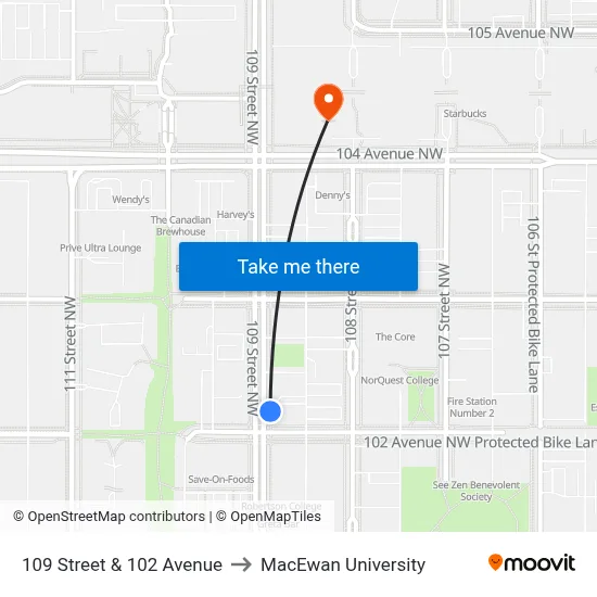 109 Street & 102 Avenue to MacEwan University map
