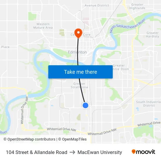 104 Street & Allandale Road to MacEwan University map