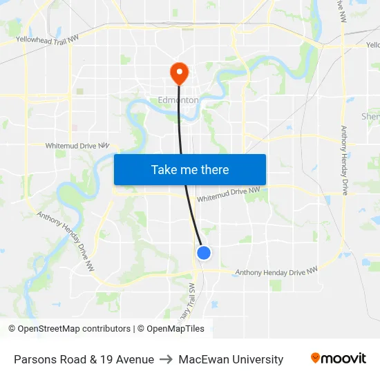 Parsons Road & 19 Avenue to MacEwan University map