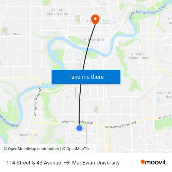 114 Street & 43 Avenue to MacEwan University map