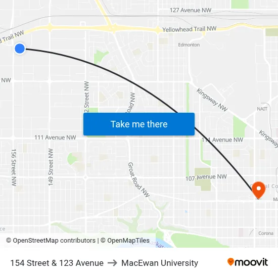 154 Street & 123 Avenue to MacEwan University map