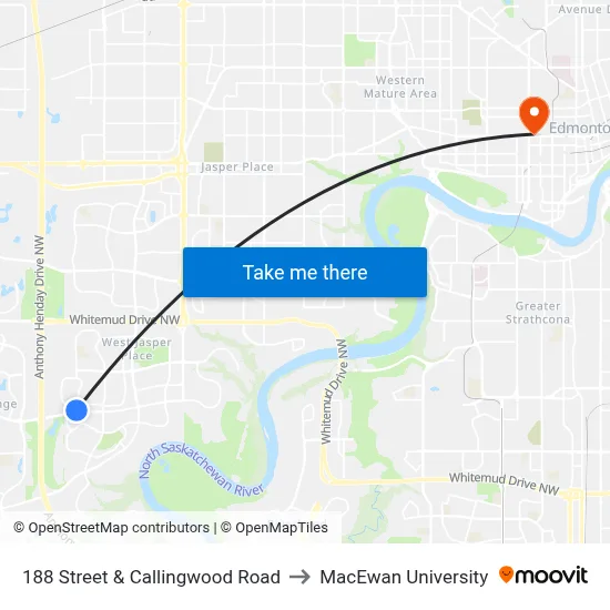 188 Street & Callingwood Road to MacEwan University map