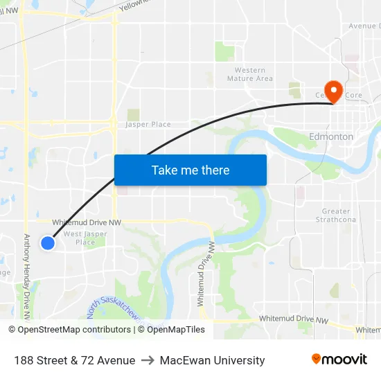 188 Street & 72 Avenue to MacEwan University map