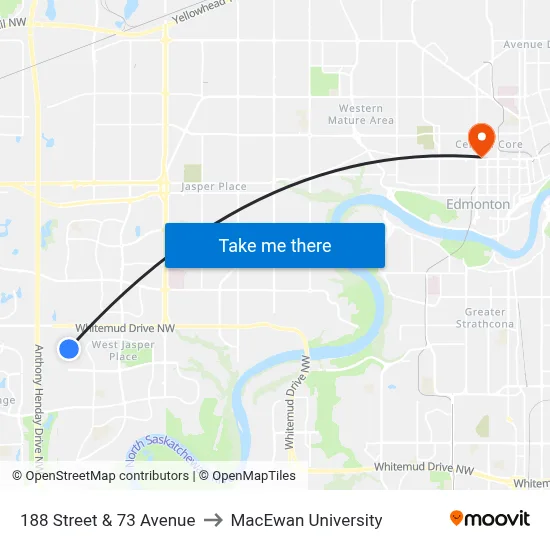 188 Street & 73 Avenue to MacEwan University map