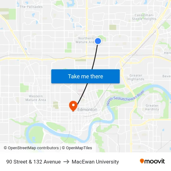 90 Street & 132 Avenue to MacEwan University map