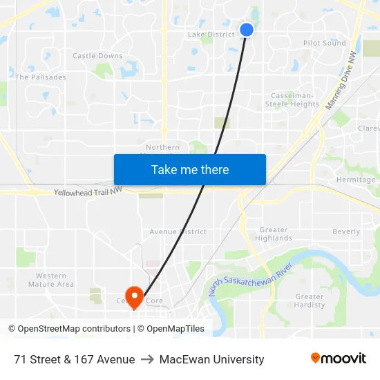 71 Street & 167 Avenue to MacEwan University map