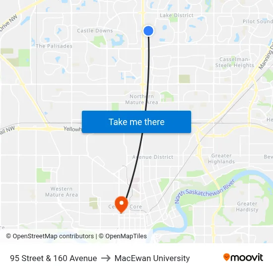 95 Street & 160 Avenue to MacEwan University map