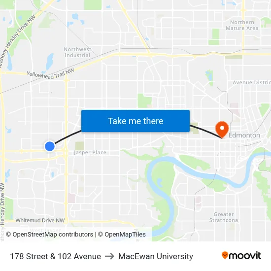 178 Street & 102 Avenue to MacEwan University map