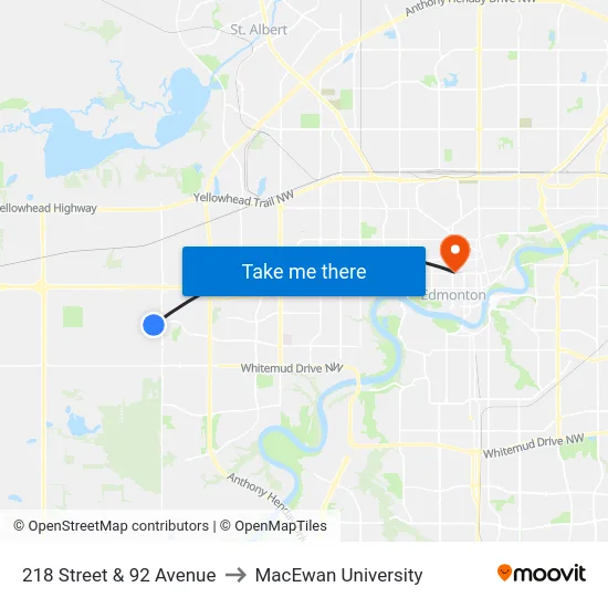 218 Street & 92 Avenue to MacEwan University map