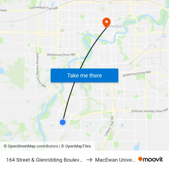 164 Street & Glenridding Boulevard SW to MacEwan University map