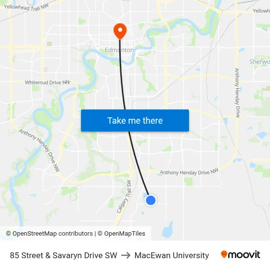 85 Street & Savaryn Drive SW to MacEwan University map