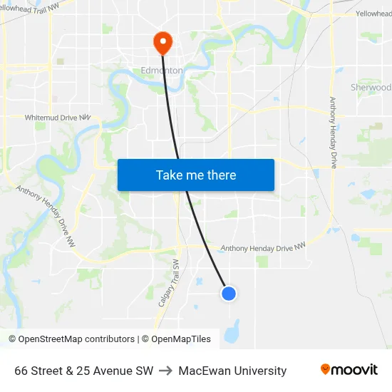 66 Street & 25 Avenue SW to MacEwan University map