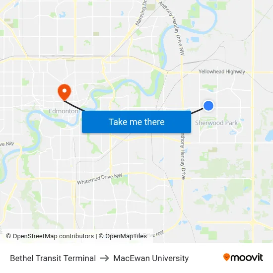 Bethel Transit Terminal to MacEwan University map