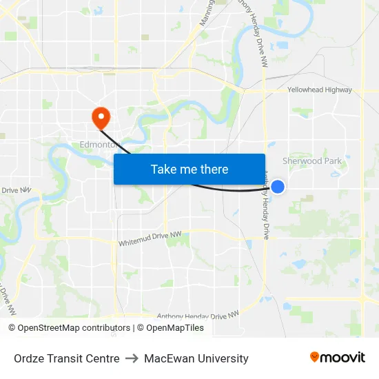 Ordze Transit Centre to MacEwan University map